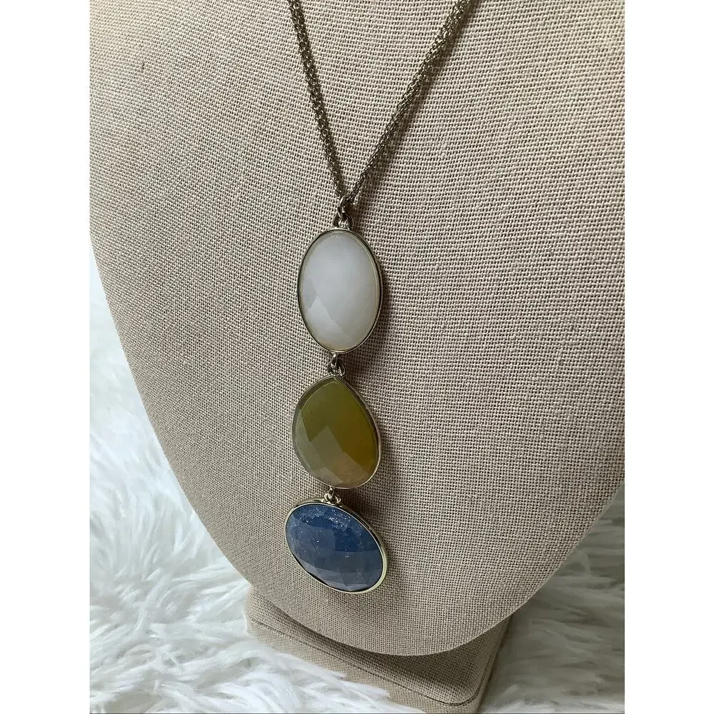 LOFT Gold Tone Multi Stone Blue Green White Pendant Statement Necklace F18-58